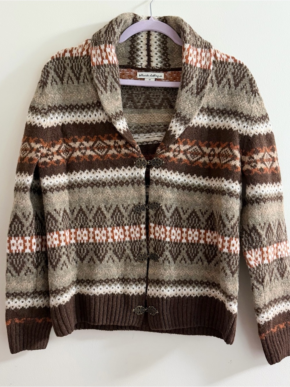 Vintage Telluride Clothing Co Fair Isle 100% Wool Cardigan Sweater Metal Clasp M